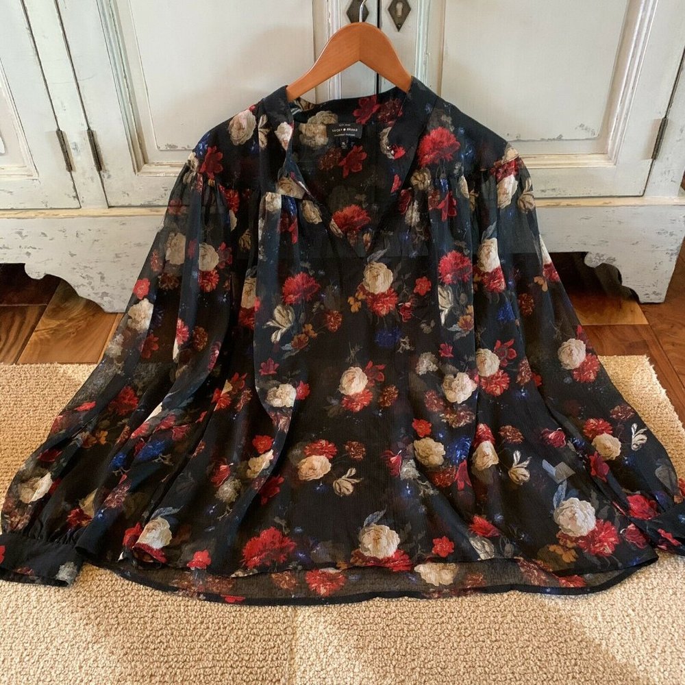 Darling Lucky Brand Floral Chiffon Black Blouse XL - Picture 3 of 8